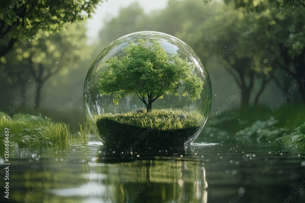 Poster glass globe with green trees growing on it, surrounded by lush grass and sparkling water droplets in