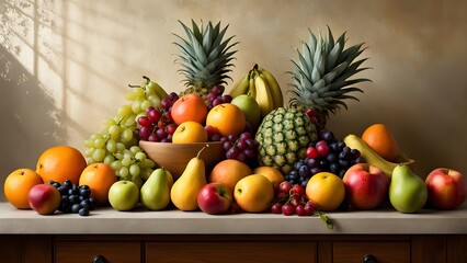 A vibrant still life of assorted fresh fruits, including pineapples, grapes, oranges, pears, apples, and bananas, arranged on a kitchen counter bathed in warm, natural light.