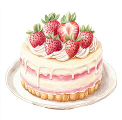 Watercolor kawaii clipart, a beautiful birthday cake with strawberries and cream on top, clean white background,