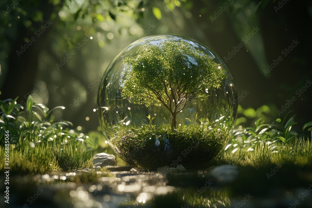 Poster glass globe with green trees growing on it, surrounded by lush grass and sparkling water droplets in