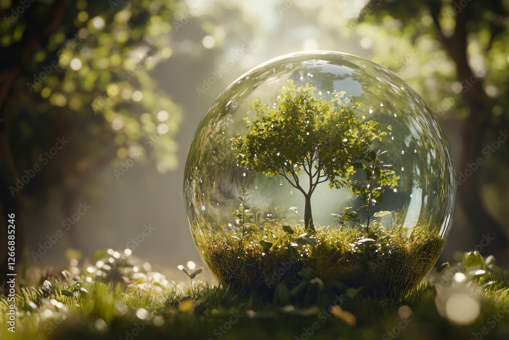 Poster glass globe with green trees growing on it, surrounded by lush grass and sparkling water droplets in