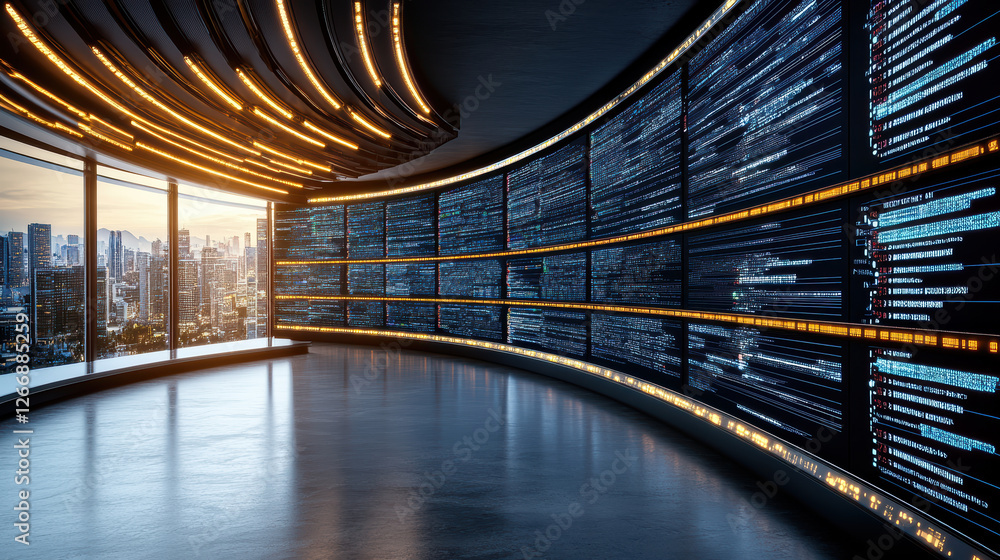 Poster futuristic office with digital screens displaying data and city view