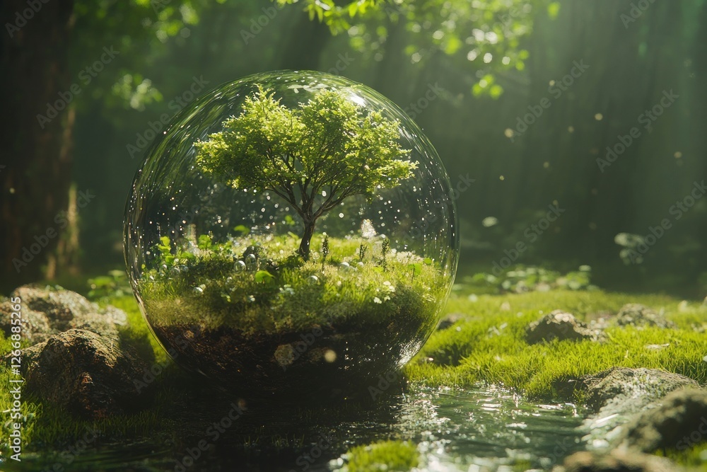Poster glass globe with green trees growing on it, surrounded by lush grass and sparkling water droplets in
