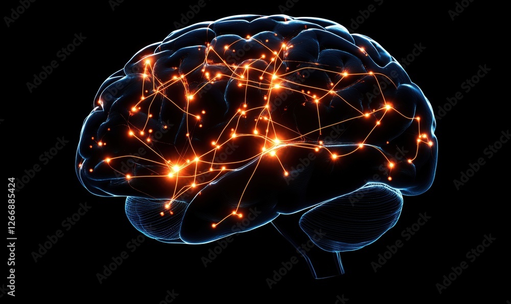 Poster neural connections illuminated in a digital brain representation with glowing pathways
