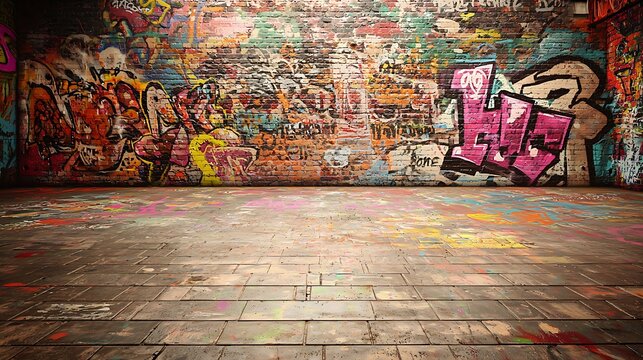 Fototapeta A graffiti covered wall with a blank space in the middle