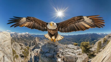 Fototapeta premium Majestic eagle soaring above rocky mountains under a bright sun, showcasing nature's beauty