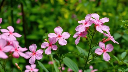 Pastel pink flowers blooming in a lush green forest, petals, flowers