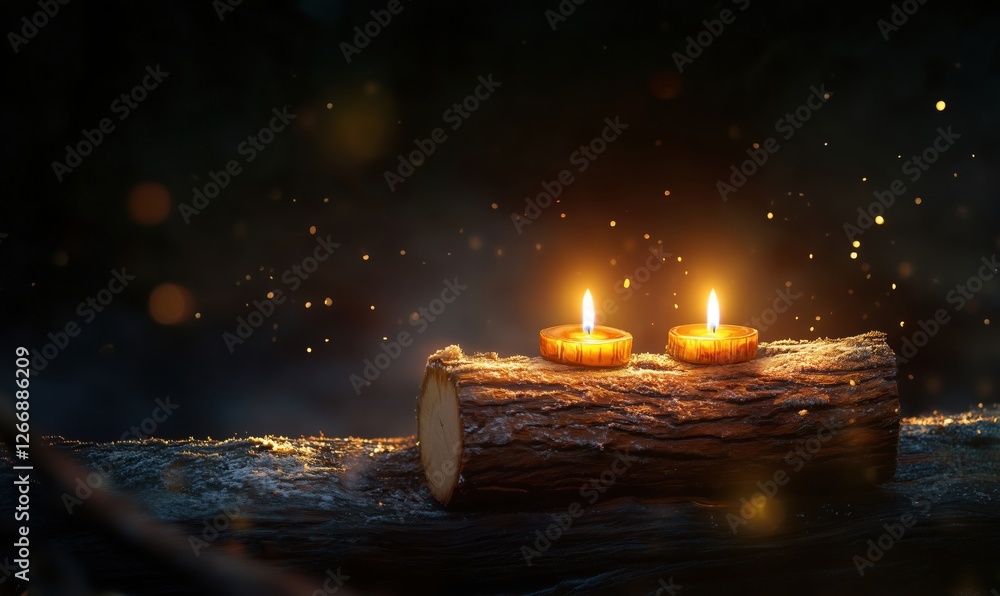 Poster warm glow of candles on rustic log with magical bokeh background