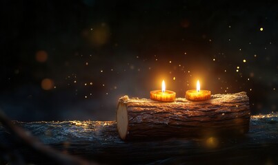 Warm glow of candles on rustic log with magical bokeh background