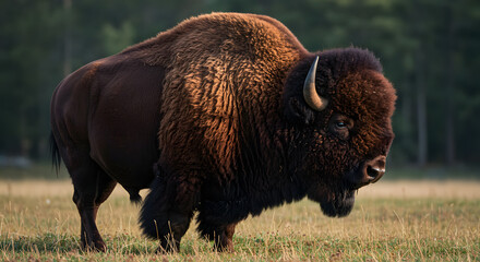 Bison Standing in Grassy Field with Trees in Background during Daytime