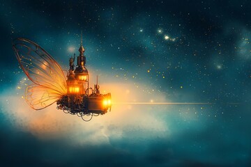 Futuristic flying ship soaring through a starry night sky with glowing lights.