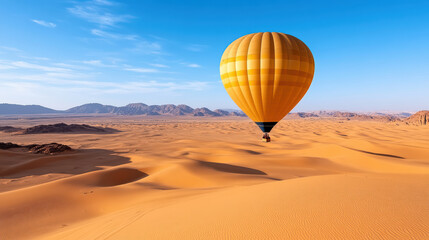 hot air balloon sailing peacefully over golden sand dunes under clear sky