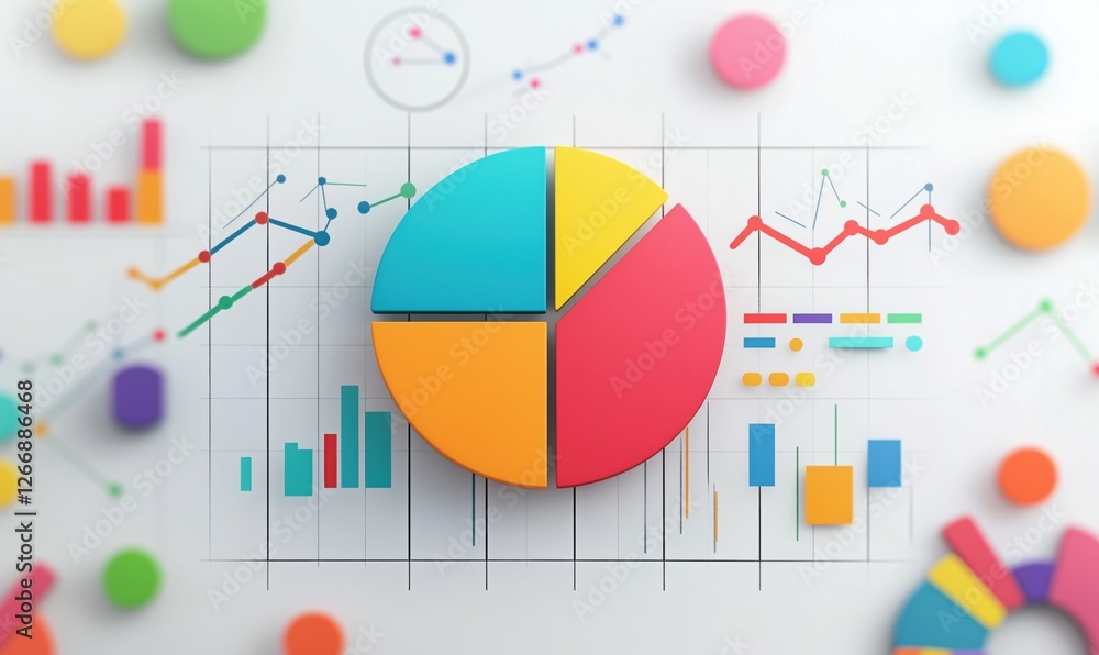 Poster colorful pie chart surrounded by various data visualization elements and graphs