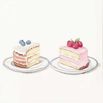 watercolor drawing of backery cake slices on plates, white backround, cute, vintage looking, all items distanced from the others 