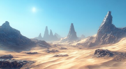 panoramic view of the desert dunes, with undulating sand that glows under the sunlight, creating an atmosphere reminiscent of oriental paintings.