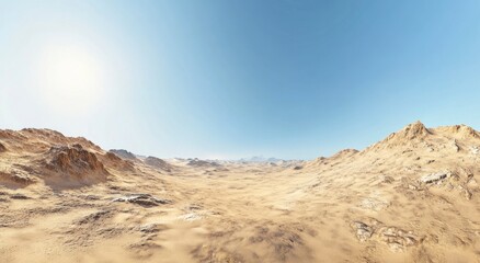 Fototapeta premium panoramic view of the desert dunes, with undulating sand that glows under the sunlight, creating an atmosphere reminiscent of oriental paintings.