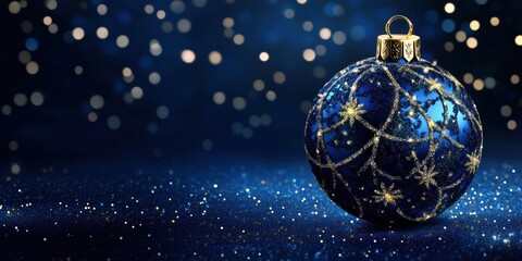 Blue Christmas ornament with golden decorations on sparkling background