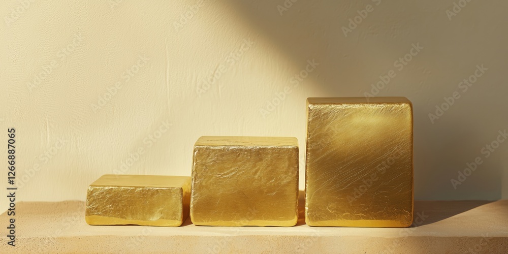 Poster Golden blocks arranged in ascending order on a minimalist shelf against a soft yellow background