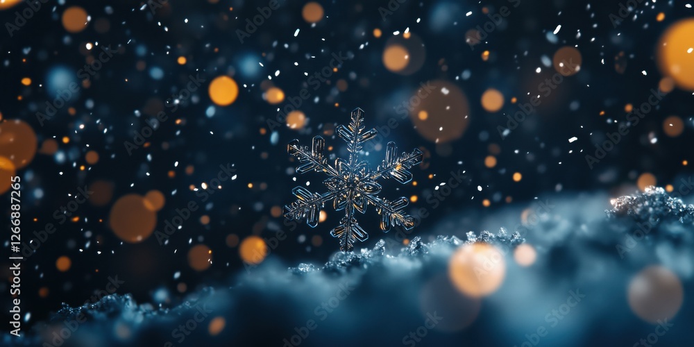 Poster beautiful snowflake surrounded by sparkling bokeh lights in winter atmosphere