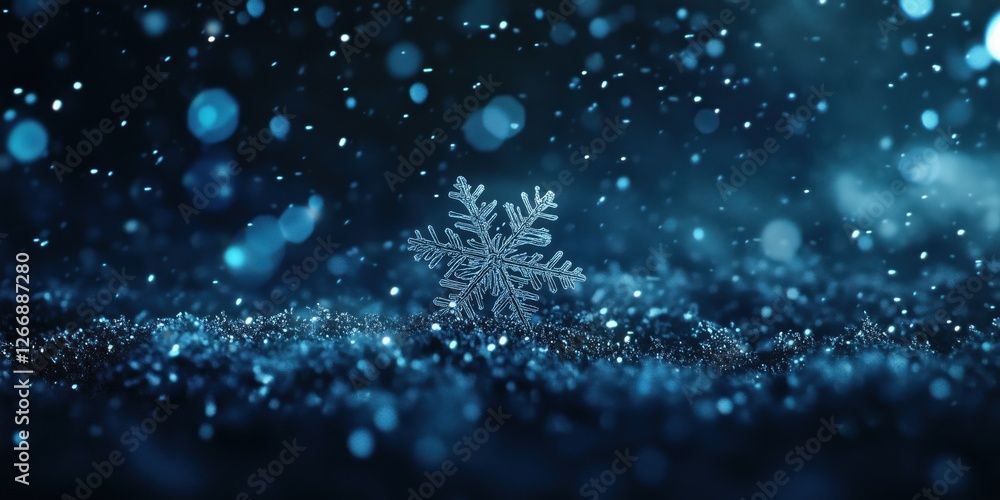 Poster snowflake on sparkling blue background with falling snow and bokeh effect