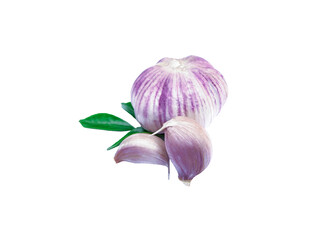 Close up garlic bulb and clove with green leaf isolated on white background.