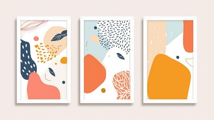 Fototapeta premium Abstract art posters wall art decor set of three, happy cheerful minimalist design, organic leaves floral and free shape with lines and dot, soft boho tone color brown orange terracotta 