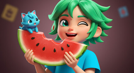 Cartoon Boy Winking with Watermelon and Blue Cat Character Illustration