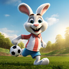 happy cartoon rabbit playing football on field. easter bunny in sport suit running on grass. generative ai image