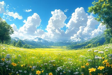 A Vibrant Meadow Blossoms Under a Sunny Mountain Sky