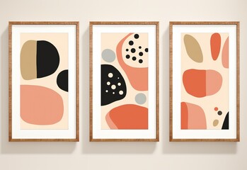 Abstract art posters wall art decor set of three, happy cheerful minimalist design, geometric shape with dot circle and line, boho earth tone color brown pink 
