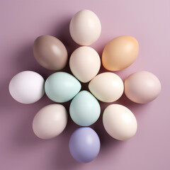 minimalist composition with colorful easter eggs in a row or circle isolated on clean background.many eggs in basket. on white flower raising from ground, as decoration.generative ai image