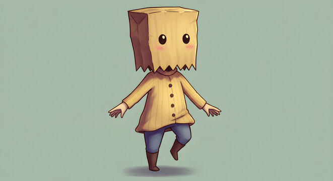 Animated Character with Paper Bag Head Illustration in Cartoon Style