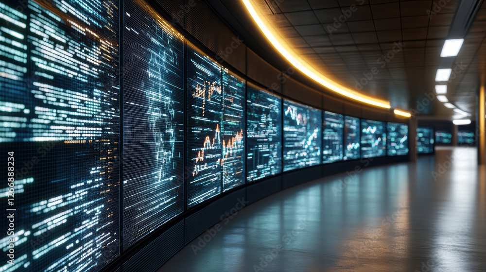 Aufkleber high tech data visualization in modern corridor with glowing screens