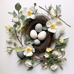 big easter eggs in nest decorated with branches and flowers.flat lay generative ai photo.quail or hen eggs on black or ivory surface.