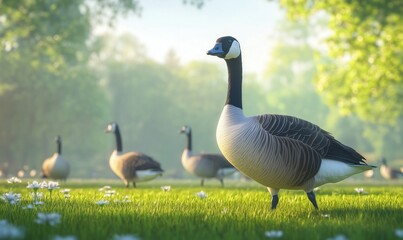 Obraz premium Canada goose standing gracefully in a serene park setting with lush greenery