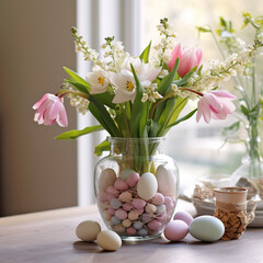 easter arrangement with flowers in vase,many colorful eggs different size and real or ceramic rabbit,bunny. decoration on shelf against window or on table against wall.generative ai photo