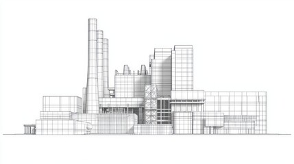 Fototapeta premium Industrial factory architectural drawing, white background, complex design, presentation