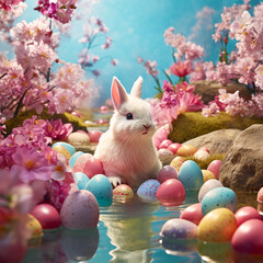 easter arrangement with flowers in vase,many colorful eggs different size and real or ceramic rabbit,bunny. decoration on shelf against window or on table against wall.generative ai photo