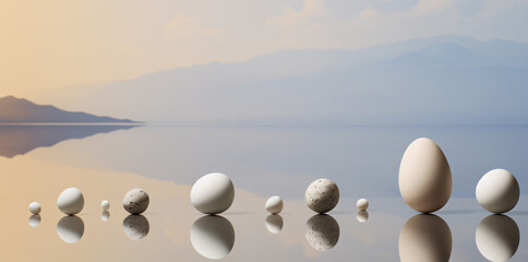 Many different  colour and size eggs, including white, black, and brown, reflecting in water or in mirror. Ai generated, aesthetic, perfect shape, easter eggs