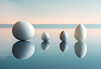 Many different  colour and size eggs, including white, black, and brown, reflecting in water or in mirror. Ai generated, aesthetic, perfect shape, easter eggs