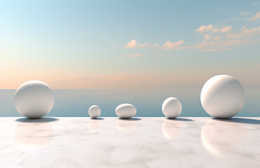 Many different  colour and size eggs, including white, black, and brown, reflecting in water or in mirror. Ai generated, aesthetic, perfect shape, easter eggs