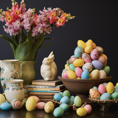 easter arrangement with flowers in vase,many colorful eggs different size and real or ceramic rabbit,bunny. decoration on shelf against window or on table against wall.generative ai photo
