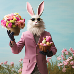 A stylish rabbit wearing a pink suit and sunglasses holds a bouquet of flowers and a bowl of painted Easter eggs