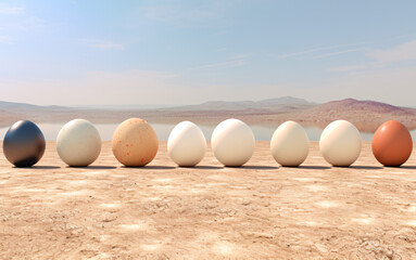 Many different  colour and size eggs, including white, black, and brown, reflecting in water or in mirror. Ai generated, aesthetic, perfect shape, easter eggs