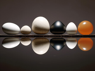 Many different  colour and size eggs, including white, black, and brown, reflecting in water or in mirror. Ai generated, aesthetic, perfect shape, easter eggs