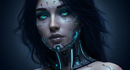 Futuristic Cybernetic Woman with Glowing Eyes and Metallic Augmentations Portrait