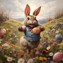 A cute Easter bunny in a festive costume holding a basket of colorful eggs in a vibrant spring meadow. Perfect for Easter themes