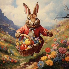 A cute Easter bunny in a festive costume holding a basket of colorful eggs in a vibrant spring meadow. Perfect for Easter themes