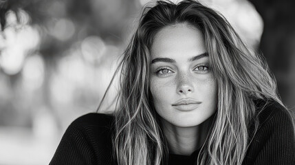 captivating woman with long hair and freckles gazes thoughtfully