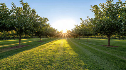 Obraz premium serene sunrise over blossoming orchard with golden light
